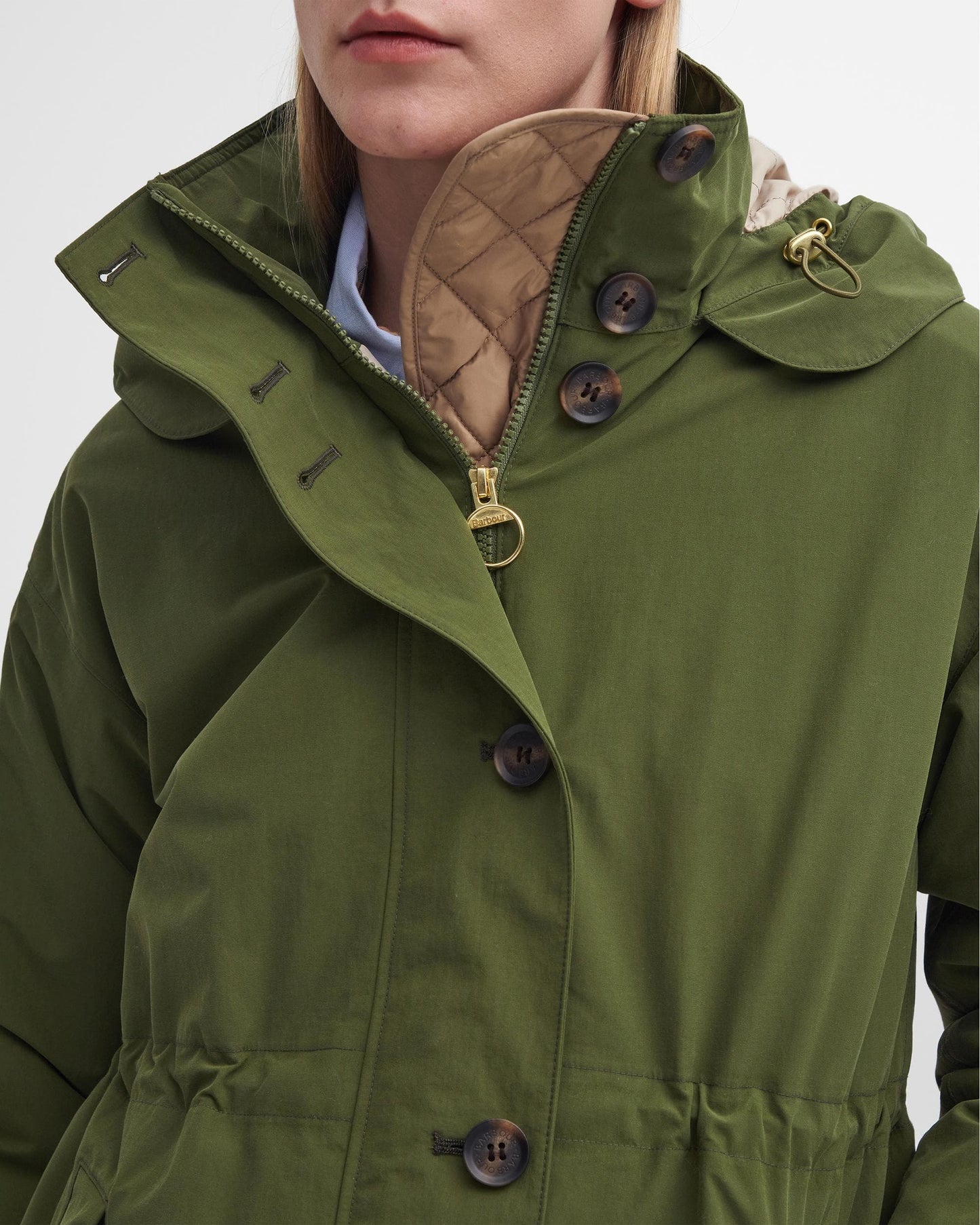 Barbour Iris Womens Long Waterproof Jacket - Dark Moss/Light Sand/Pastel Pink