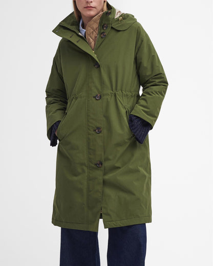 Barbour Iris Womens Long Waterproof Jacket - Dark Moss/Light Sand/Pastel Pink
