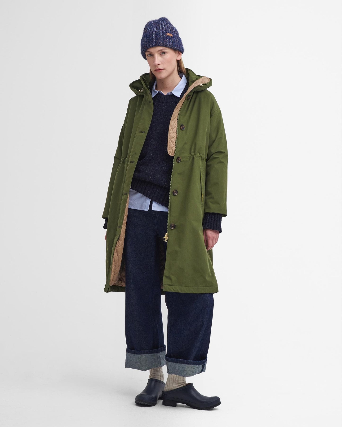 Barbour Iris Womens Long Waterproof Jacket - Dark Moss/Light Sand/Pastel Pink
