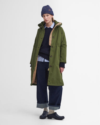 Barbour Iris Womens Long Waterproof Jacket - Dark Moss/Light Sand/Pastel Pink