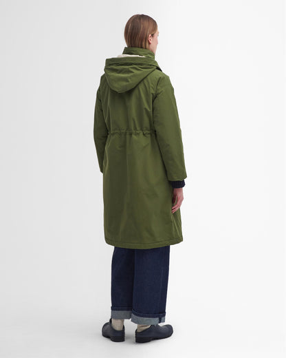 Barbour Iris Womens Long Waterproof Jacket - Dark Moss/Light Sand/Pastel Pink