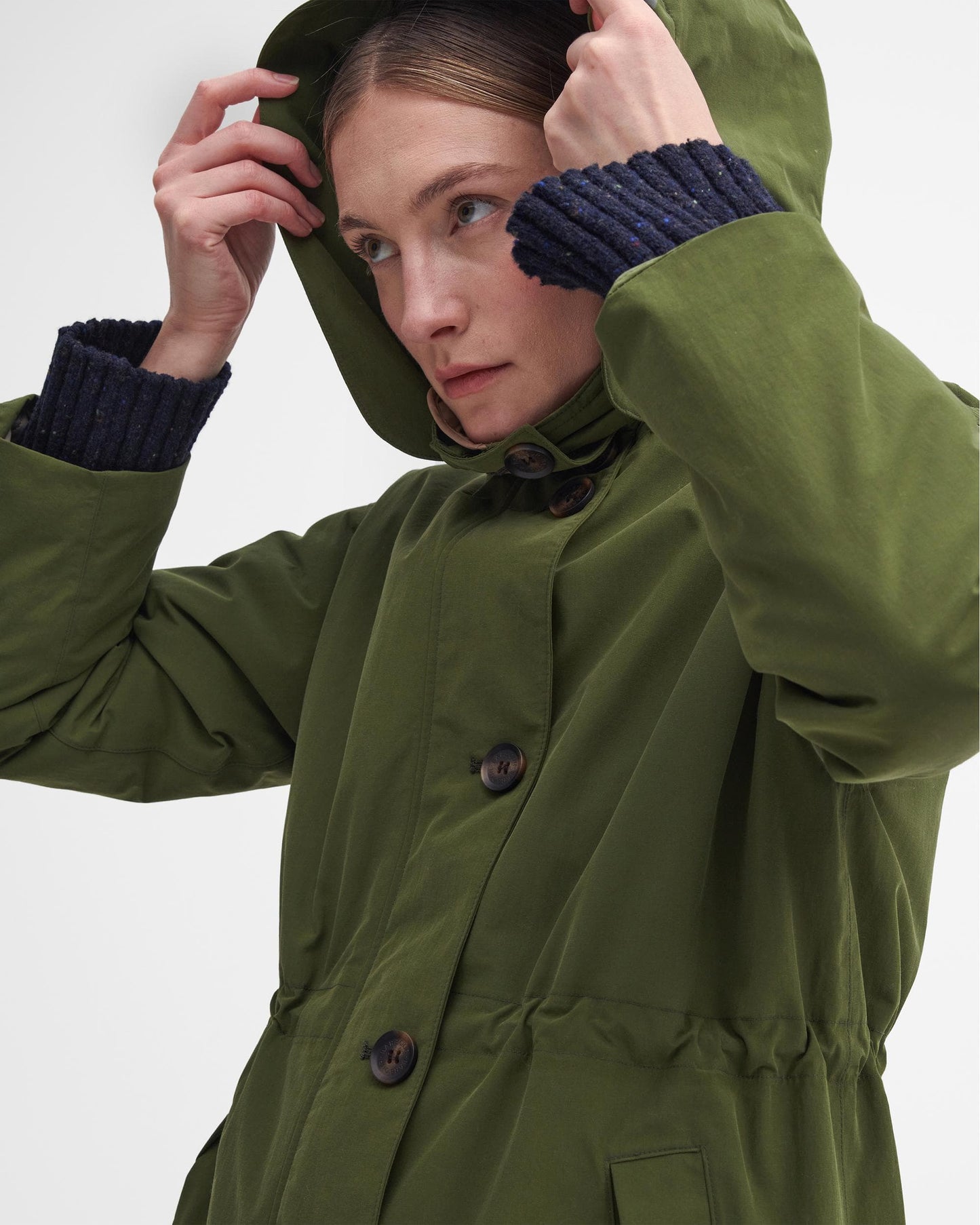 Barbour Iris Womens Long Waterproof Jacket - Dark Moss/Light Sand/Pastel Pink