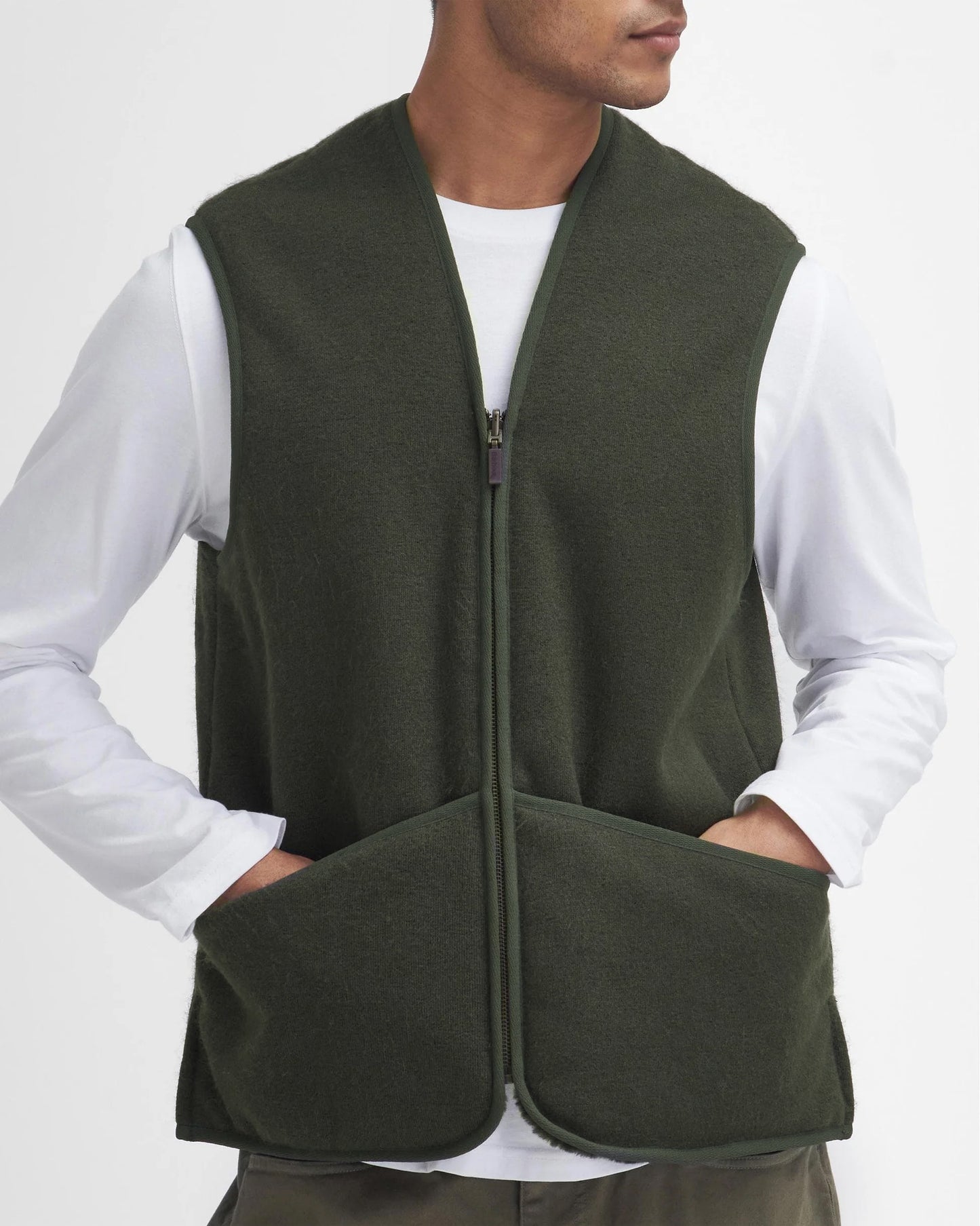 Barbour Warm Pile Waistcoat Zip-In Liner - Sage - CHO - Designer Mens Fleece Gilets