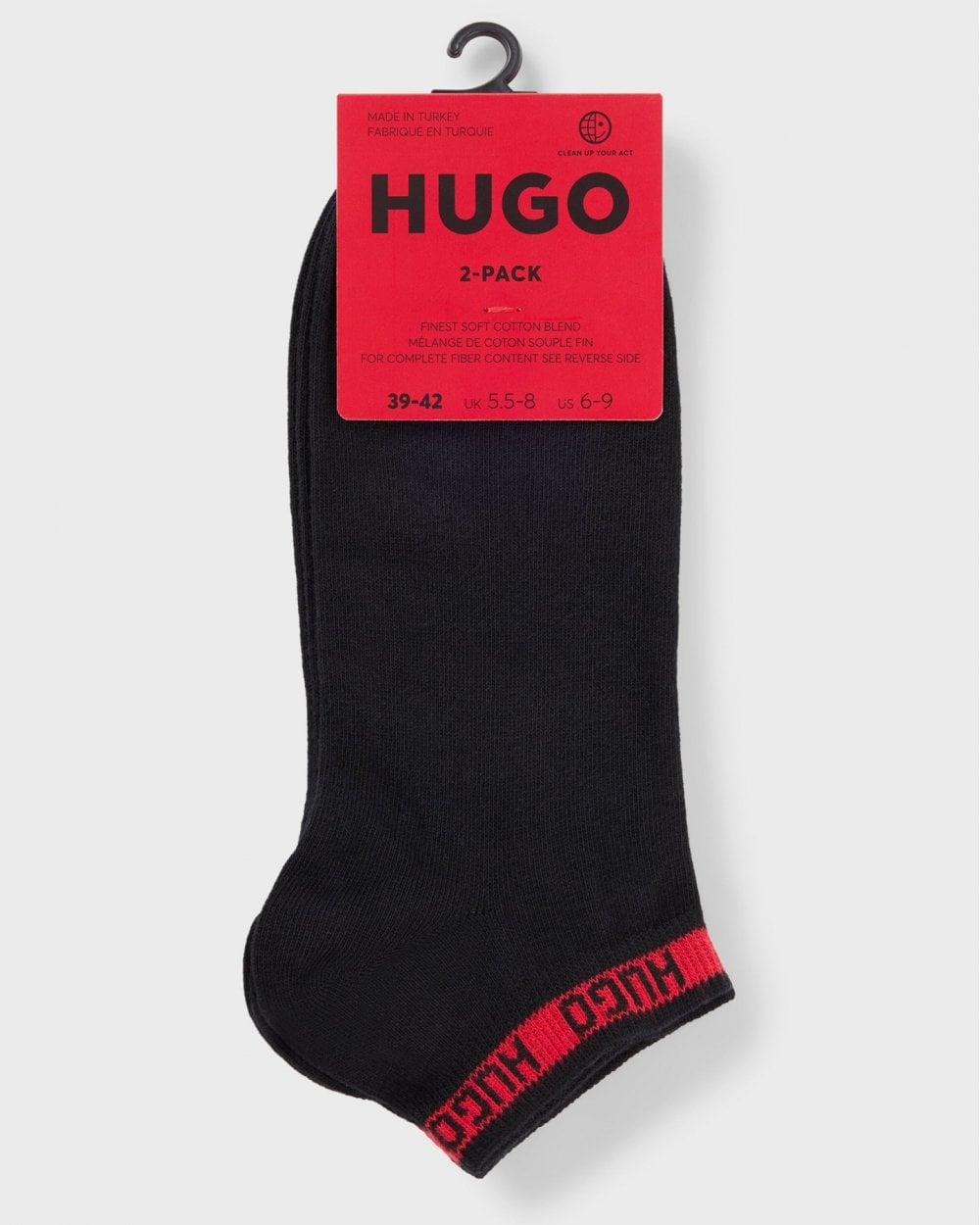 HUGO 2 Pack Mens Ankle-Length Socks with Branded Cuffs - Black 001