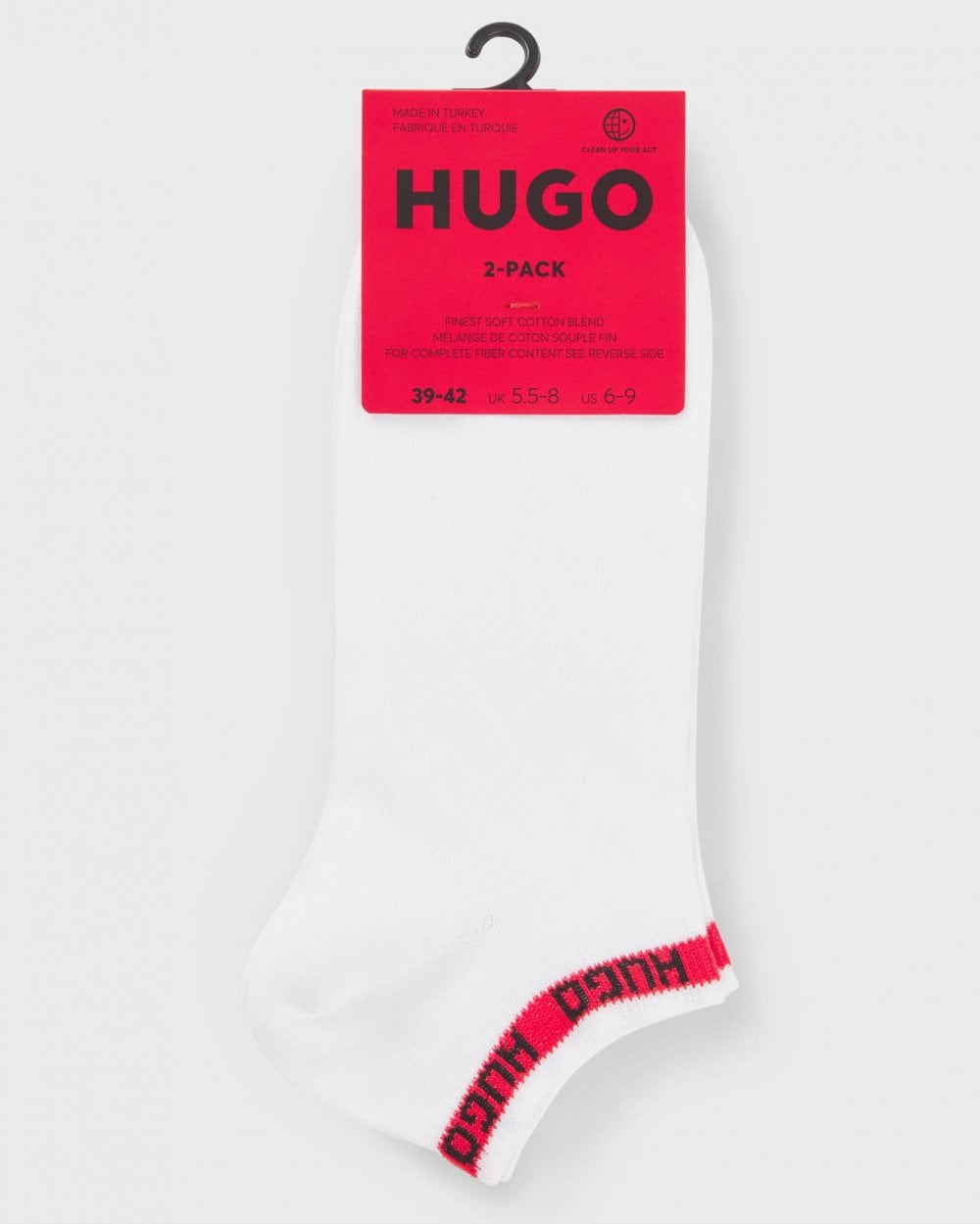 HUGO 2 Pack Mens Ankle-Length Socks with Branded Cuffs - White 100
