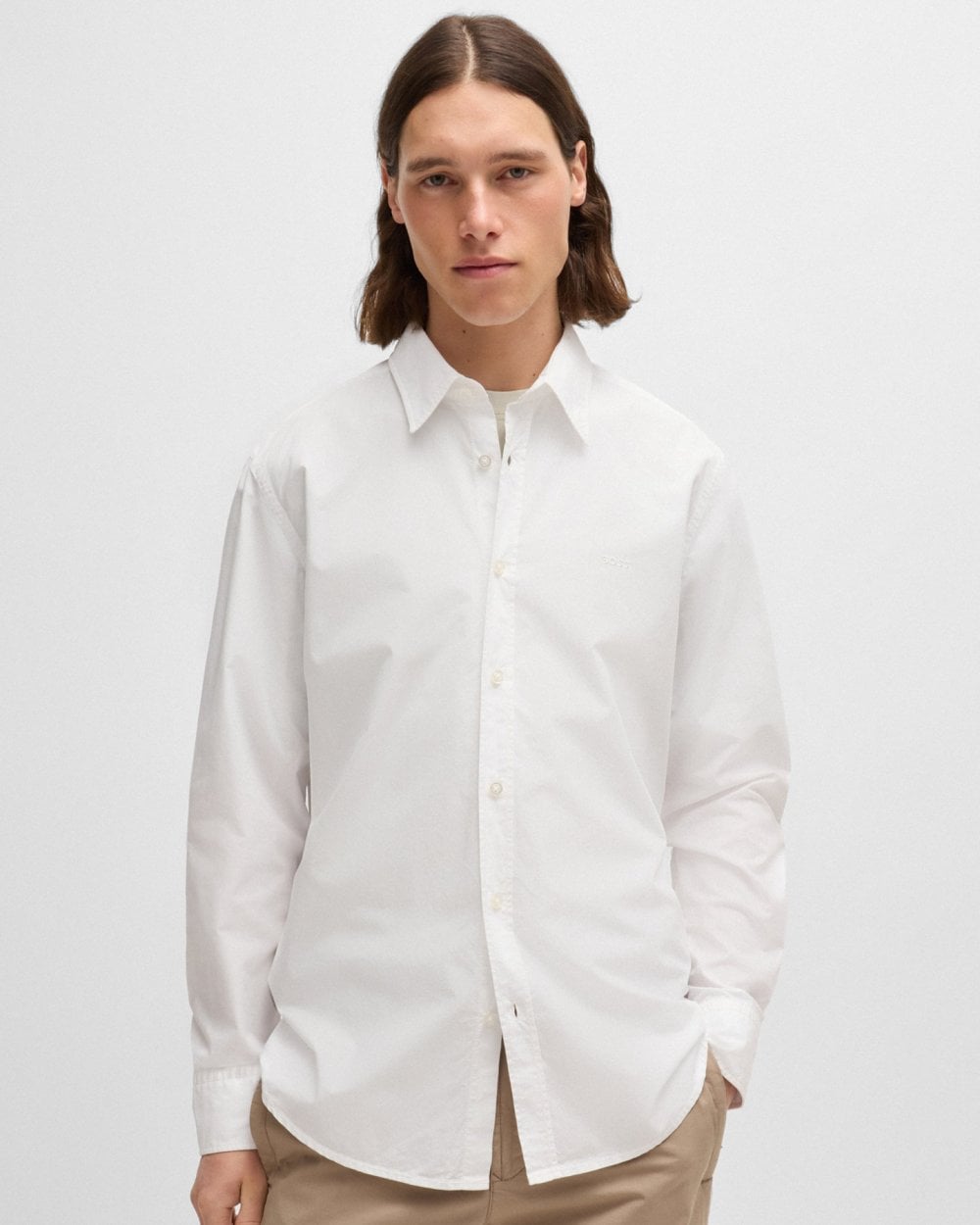BOSS Orange Relegant 6 Mens Regular-Fit Shirt in Cotton Poplin with Kent Collar - White 100