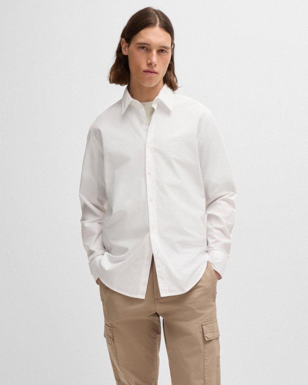BOSS Orange Relegant 6 Mens Regular-Fit Shirt in Cotton Poplin with Kent Collar - White 100