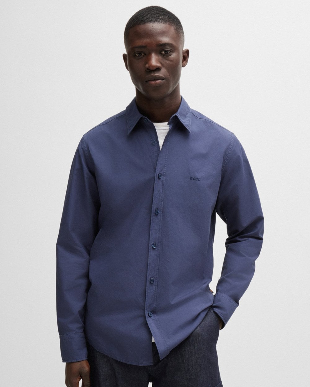 BOSS Orange Relegant 6 Mens Regular-Fit Shirt in Cotton Poplin with Kent Collar - Navy 418
