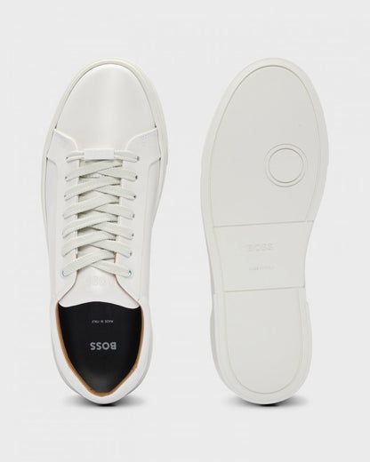 BOSS Orange Gary Tenn Mens Leather Low-Top Trainers with Branded Lace Loop NOS - Open White 112