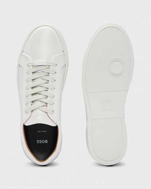 BOSS Orange Gary Tenn Mens Leather Low-Top Trainers with Branded Lace Loop NOS - Open White 112