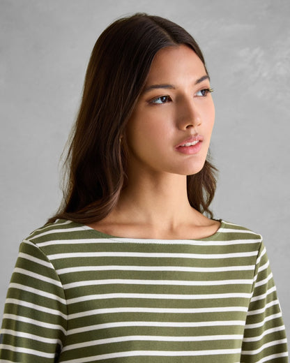 Joules New Harbour Womens Striped Breton Top - Green Cream Stripe