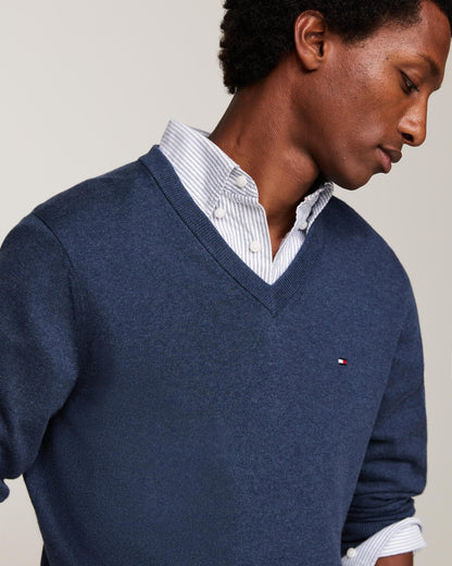 Tommy Hilfiger Pima Organic Cotton Mens Cashmere V-Neck Jumper - Aegean Sea Heather