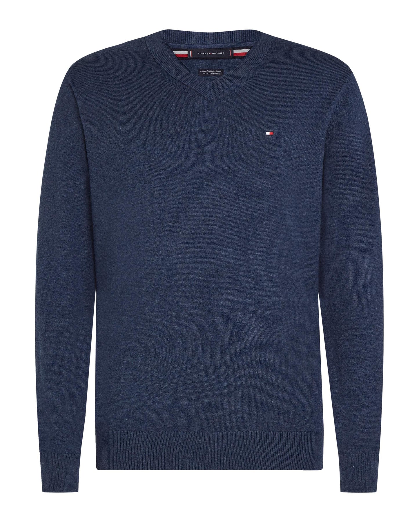 Tommy Hilfiger Pima Organic Cotton Mens Cashmere V-Neck Jumper - Aegean Sea Heather