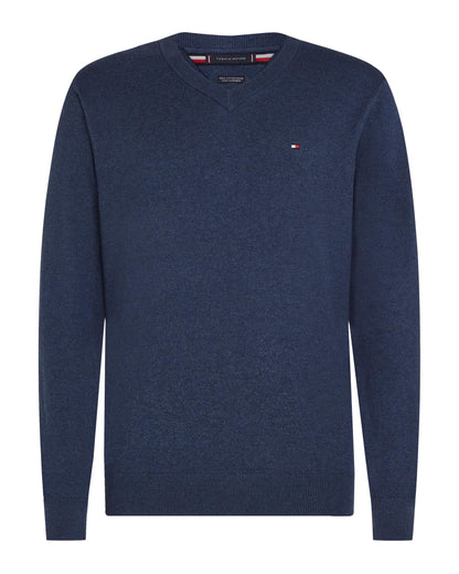 Tommy Hilfiger Pima Organic Cotton Mens Cashmere V-Neck Jumper - Aegean Sea Heather