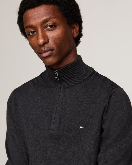 Tommy Hilfiger Organic Cotton Cashmere Mens Zip-Mock Sweater - Dark Grey Heather