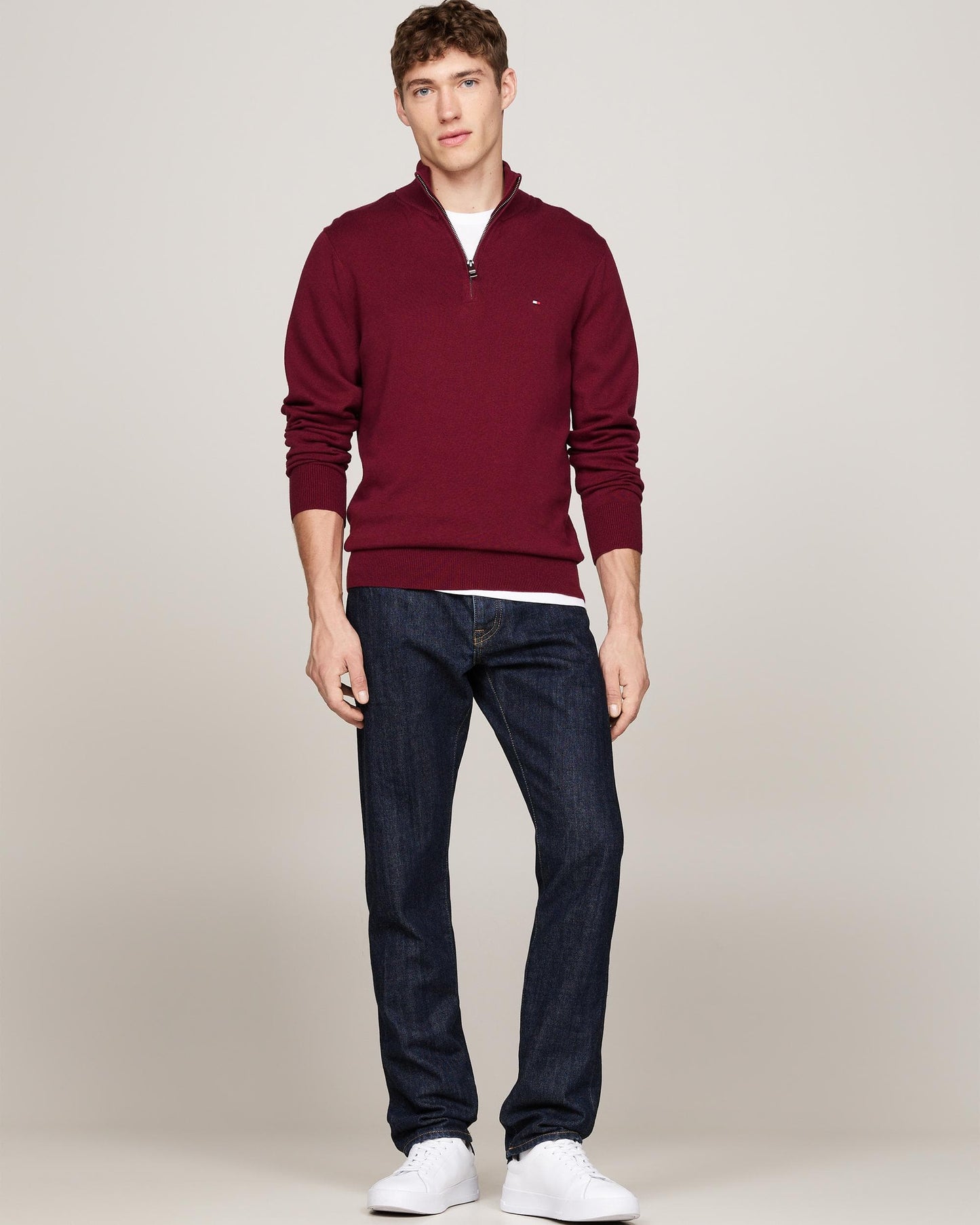 Tommy Hilfiger Organic Cotton Cashmere Mens Zip-Mock Sweater - Deep Rouge