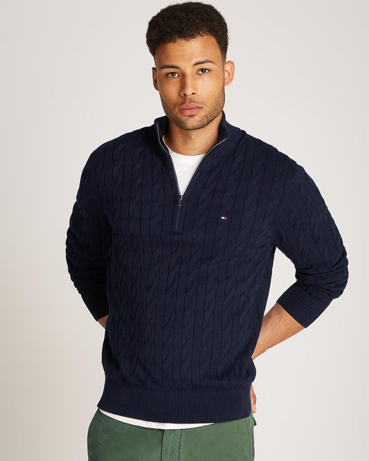 Tommy Hilfiger Classic Cotton Cable Mens Half Zip Mock Sweatshirt - Desert Sky
