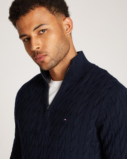 Tommy Hilfiger Classic Cotton Cable Mens Half Zip Mock Sweatshirt - Desert Sky