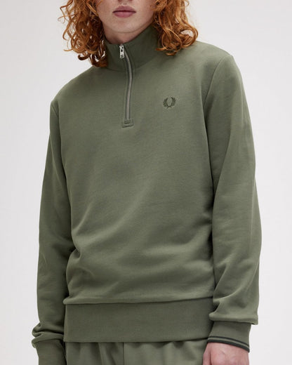 Fred Perry Mens Half Zip Sweatshirt - Laurel Wreath Green/Night Green W49