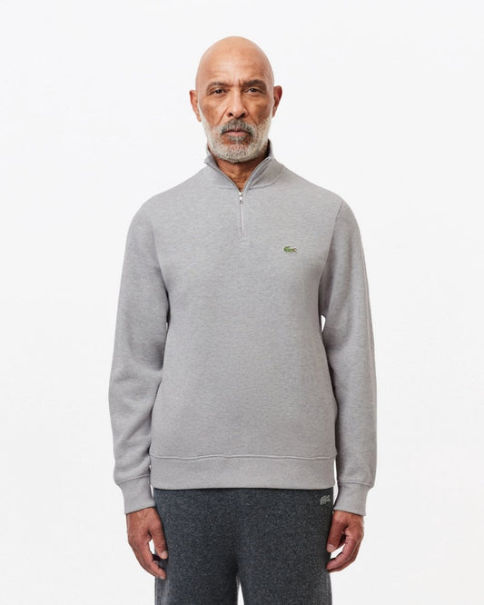 Lacoste Mens Zippered Stand-Up Collar Cotton Sweatshirt - Silver Chine CCA - CHO - Designer Mens Sweatshirts