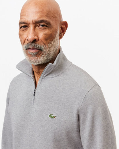 Lacoste Mens Zippered Stand-Up Collar Cotton Sweatshirt - Silver Chine CCA