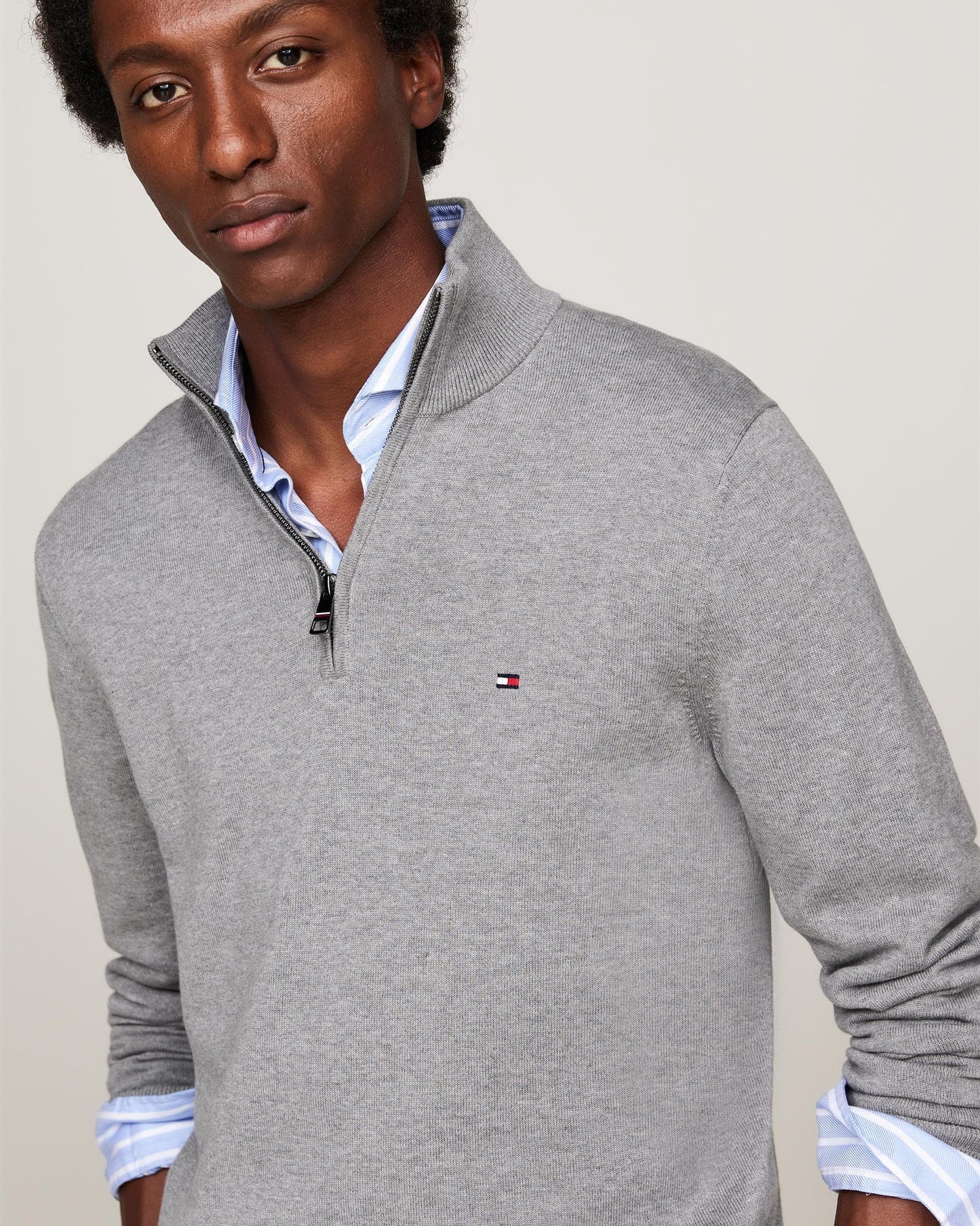 Tommy Hilfiger Essential Cotton 1/4 Zip Mock Mens Sweatshirt - Medium Grey Heather