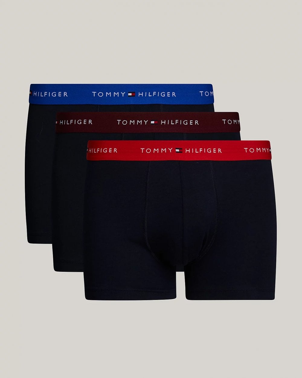 Tommy Hilfiger 3 Pack Mens Colour Waistband Trunks - Bright Blue/Deep Crimson/Deep Rouge