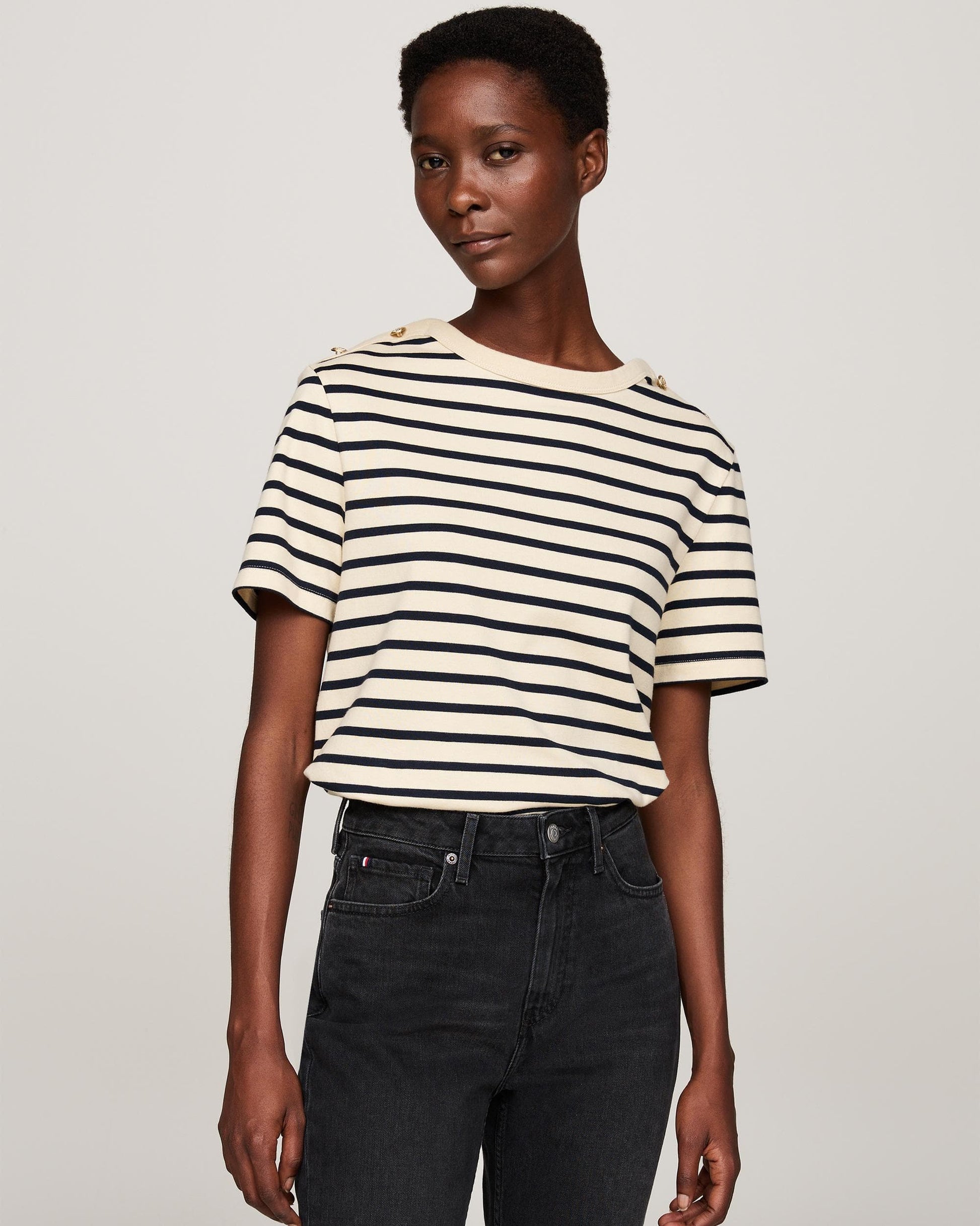 Tommy Hilfiger Regular Stripe Gold Button Womens T-Shirt