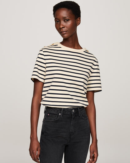Tommy Hilfiger Regular Stripe Gold Button Womens T-Shirt