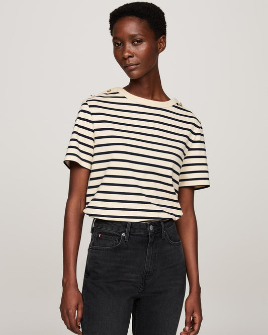 Tommy Hilfiger Regular Stripe Gold Button Womens T-Shirt