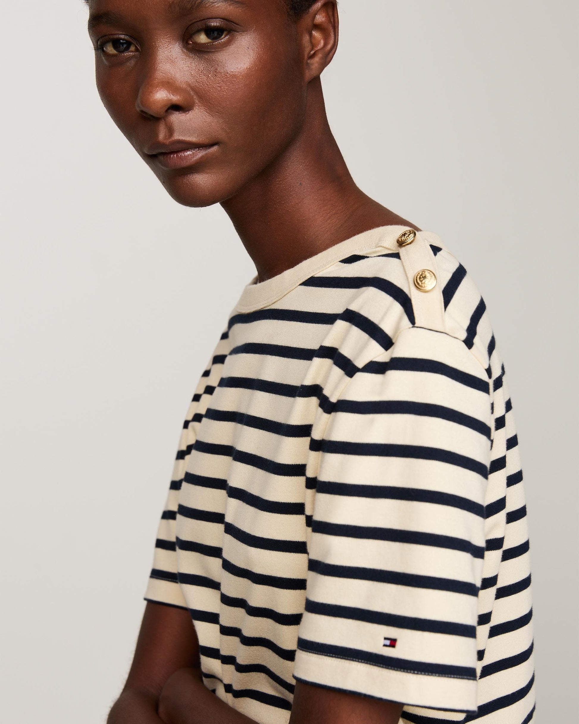 Tommy Hilfiger Regular Stripe Gold Button Womens T-Shirt