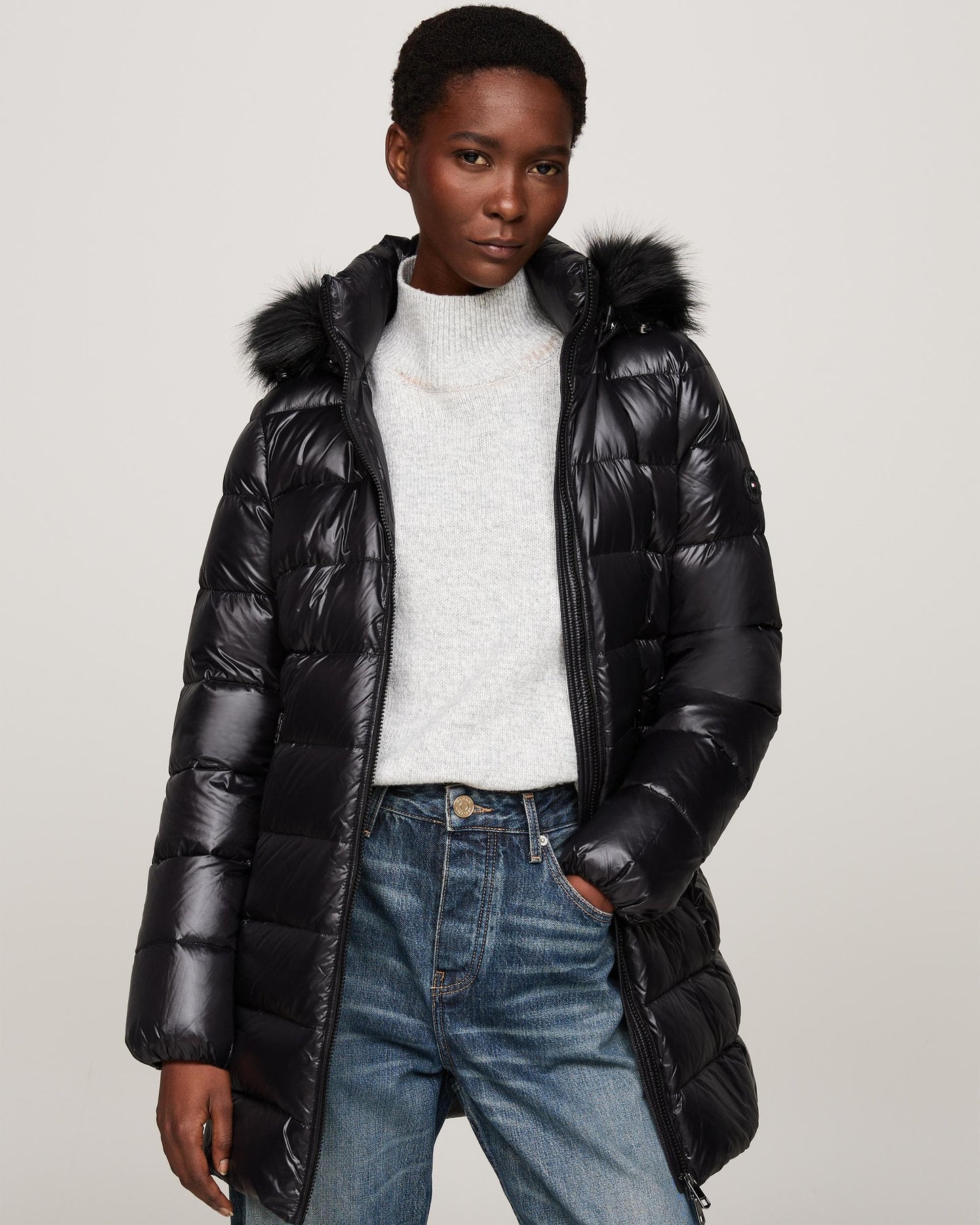 Tommy Hilfiger Tyra Gloss Long Down Faux Fur Womens Jacket