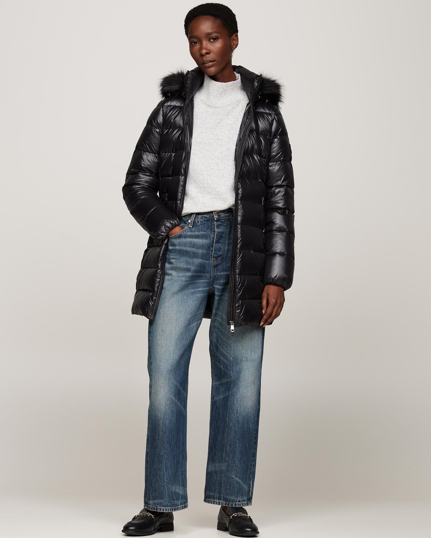 Tommy Hilfiger Tyra Gloss Long Down Faux Fur Womens Jacket