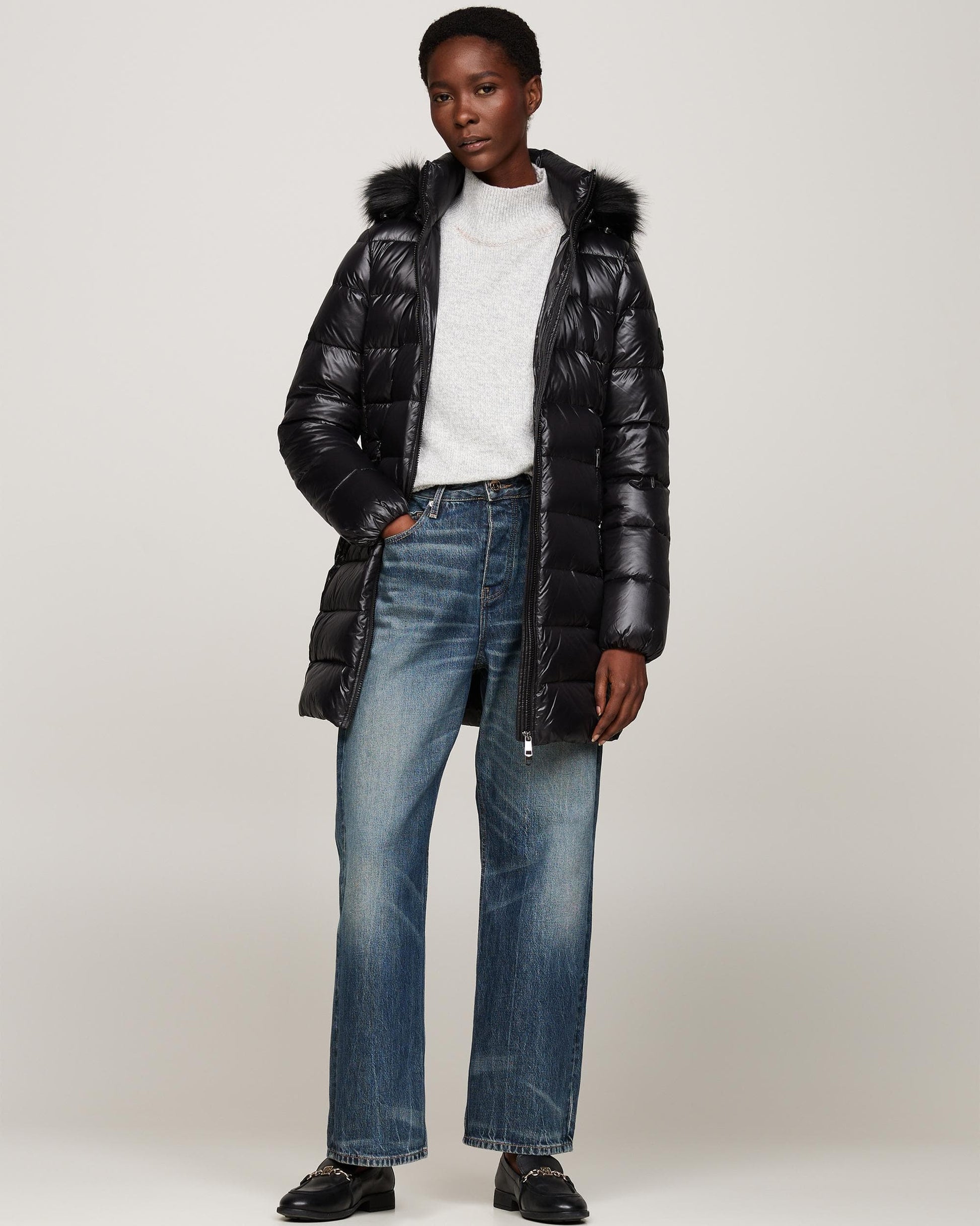 Tommy Hilfiger Tyra Gloss Long Down Faux Fur Womens Jacket