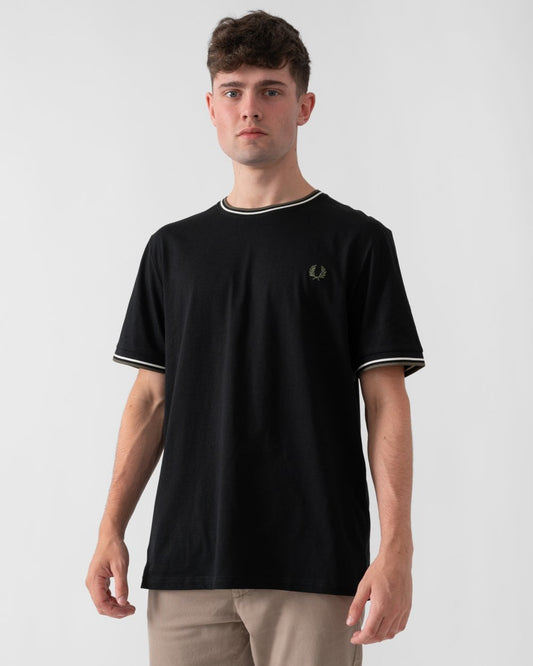 Fred Perry Mens Twin Tipped T-Shirt - Black/Ecru/Laurel Wreath Green W54 - CHO - Designer Mens Short Sleeve T-Shirts & Tops