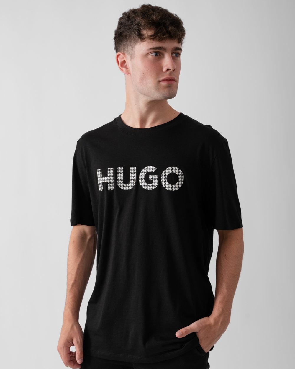 HUGO Dulivio Mens Cotton-Jersey Regular Fit T-Shirt with Houndstooth Logo