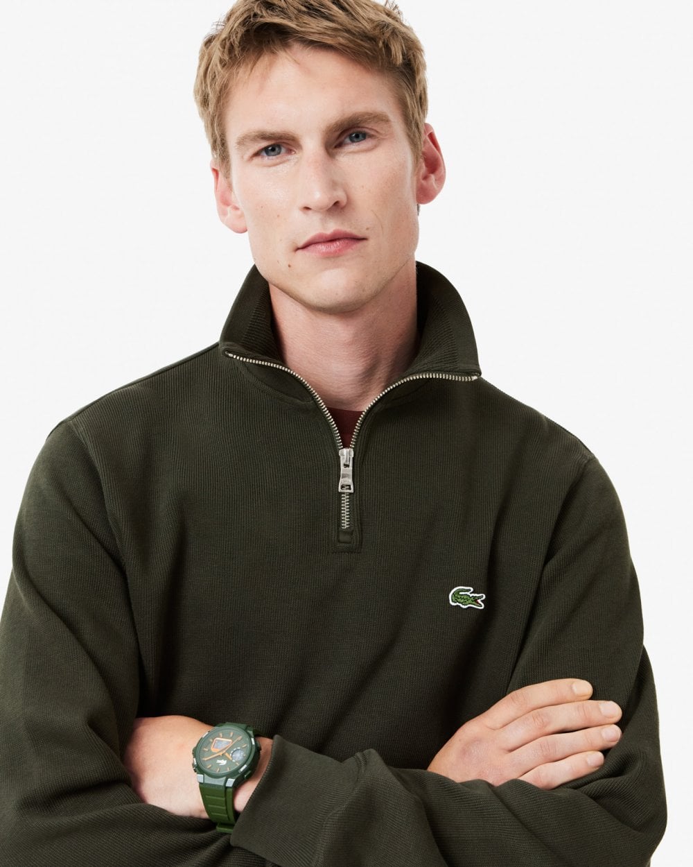 Lacoste Mens Zippered Stand-Up Collar Cotton Sweatshirt - Sapwood L7A