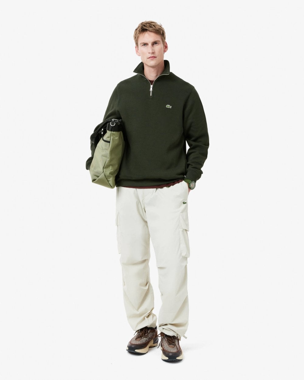 Lacoste Mens Zippered Stand-Up Collar Cotton Sweatshirt - Sapwood L7A