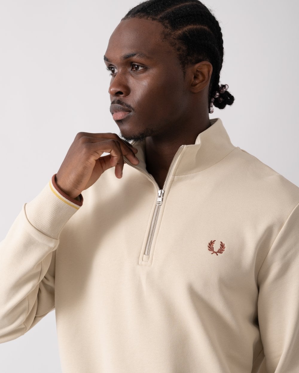 Fred Perry Mens Half Zip Sweatshirt - Oatmeal/Whisky Brown W69
