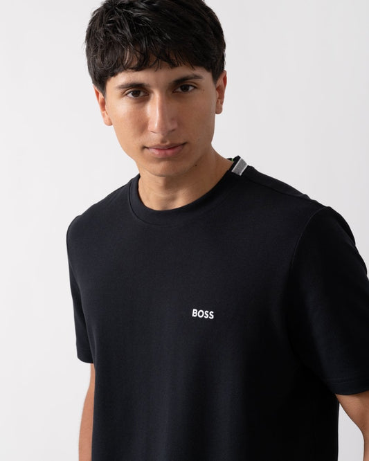 BOSS Green Taddy Mens Cotton Piqué T-Shirt with Oxford-Jacquard Back Collar - Dark Blue 402