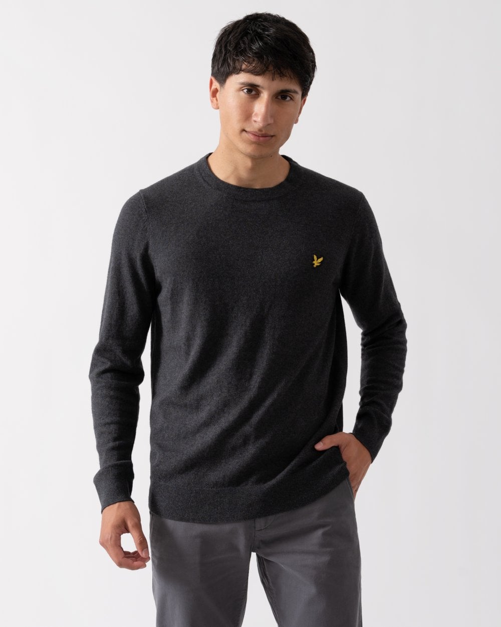 Lyle & Scott Cotton Merino Mens Crew Neck Jumper - 398 Charcoal Marl - CHO - Designer Mens Jumpers