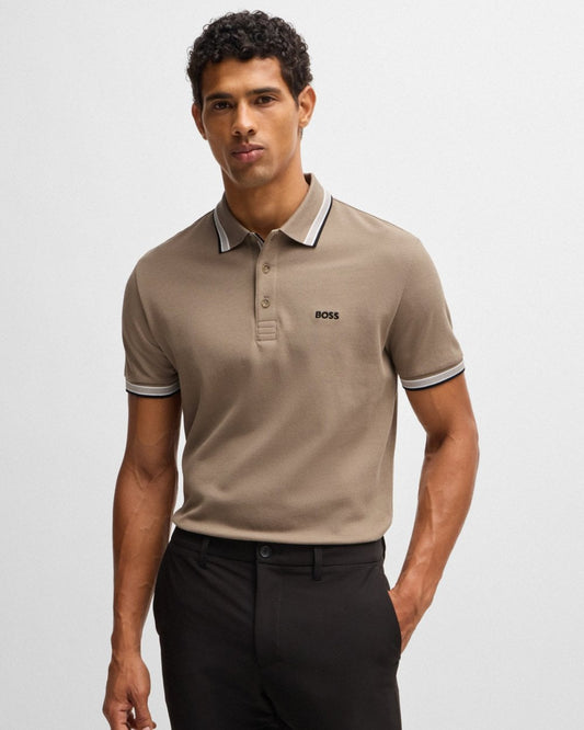 BOSS Green Paddy Mens Cotton-Piqué Polo Shirt with Contrast Logo - Light Brown 336 - CHO - Designer Mens Short Sleeve Polo Shirts