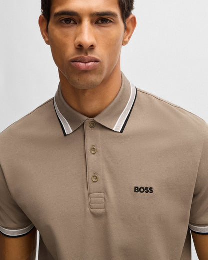 BOSS Green Paddy Mens Cotton-Piqué Polo Shirt with Contrast Logo - Light Brown 336