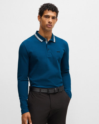 BOSS Green Plisy Mens Long Sleeve Contrast Collar Polo