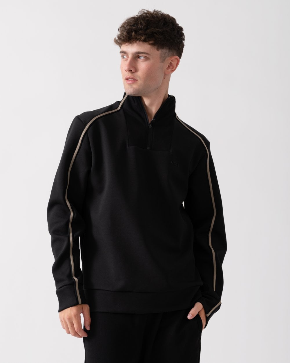 BOSS Green Sweat 1 Mens 1/4 Zip Sweatshirt with Contrast Piping - Black 001