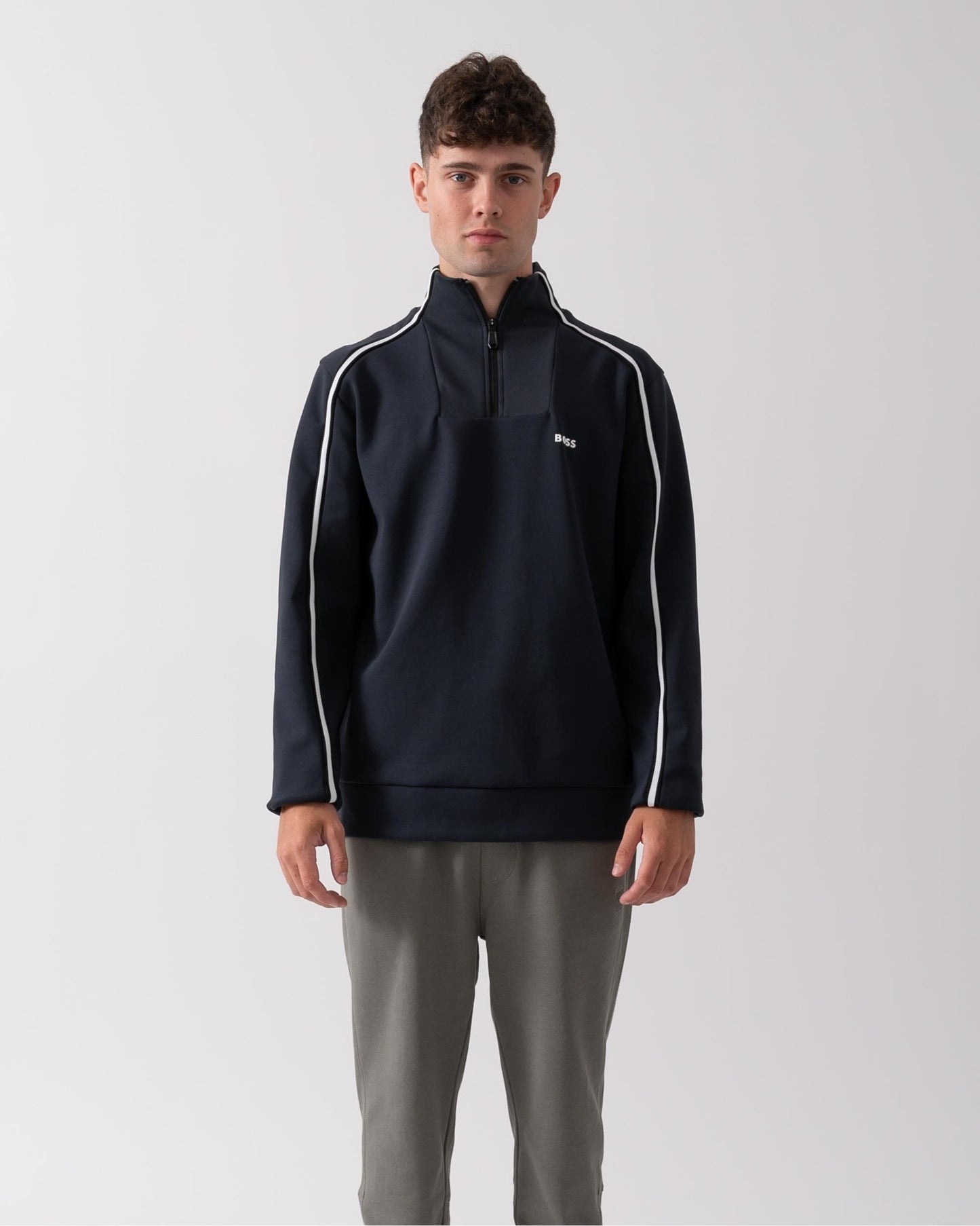 BOSS Green Sweat 1 Mens 1/4 Zip Sweatshirt with Contrast Piping - Dark Blue 402