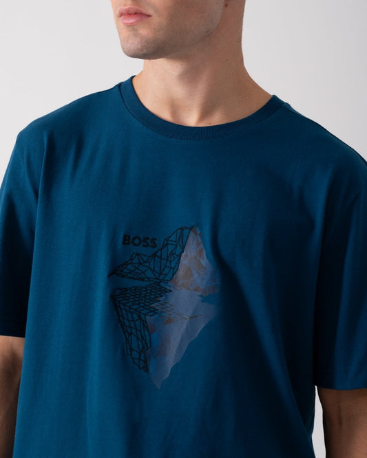 BOSS Green Tee 8 Mens Graphic Print T-Shirt - Open Blue 494