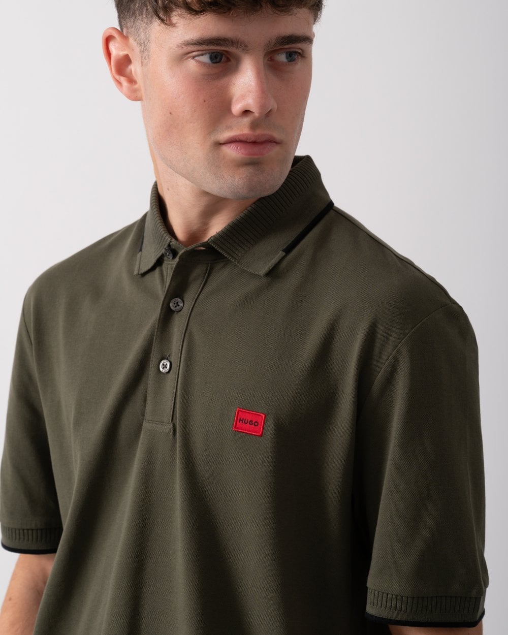 HUGO Deresino232 Mens Tipped Polo Shirt With Logo Label - Khaki 257