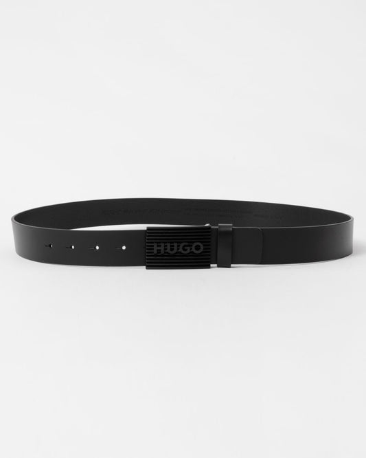 HUGO Gilad Mens Italian Leather Belt With Matte-Black Logo Plaque Buckle