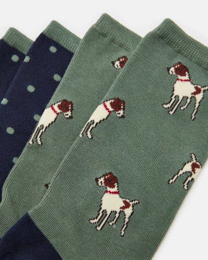 Joules Everyday 2 Pack Womens Socks - Green Patch